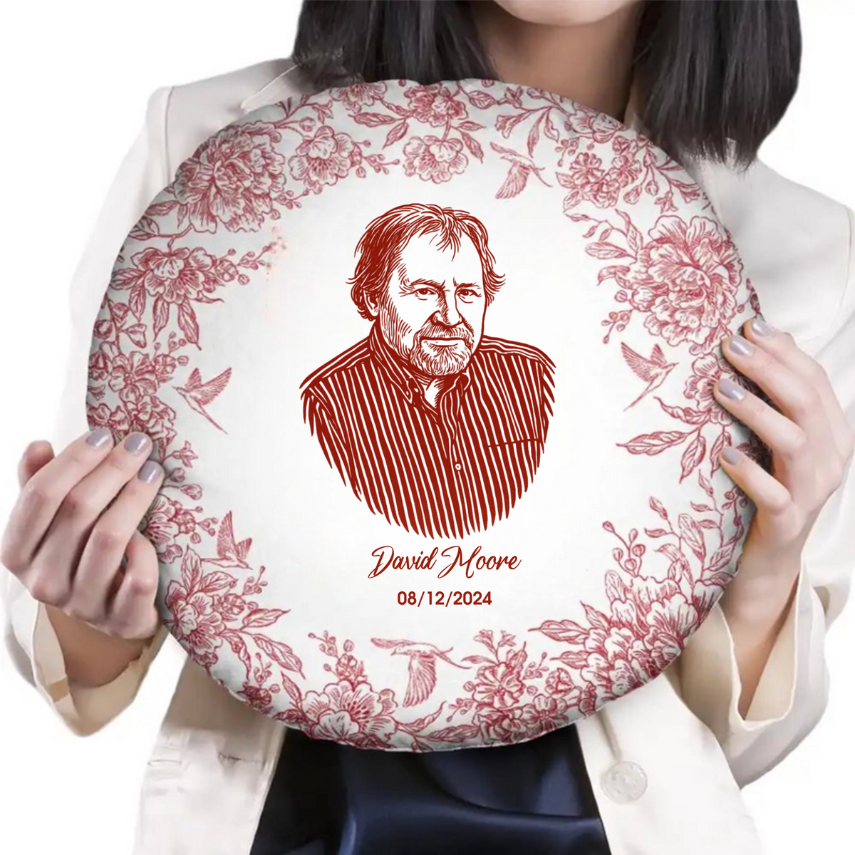 Chinoiserie Toile Memorial Photo - Personalized Round Pillow, Customized Circle Decorative Pillow, Memorial Gift For Family