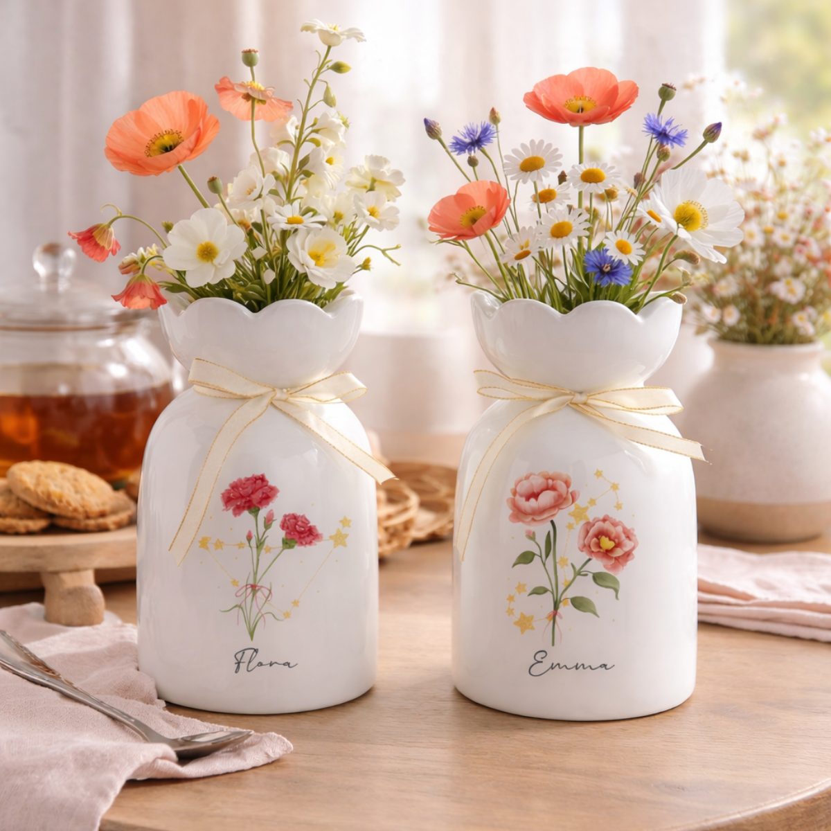 Personalized Birth Flower Ceramic Vase, Zodiac Sign Flower Vase, Custom Name Vase, Birthday Gift for Mom, Astrology Gift, Floral Home Decor