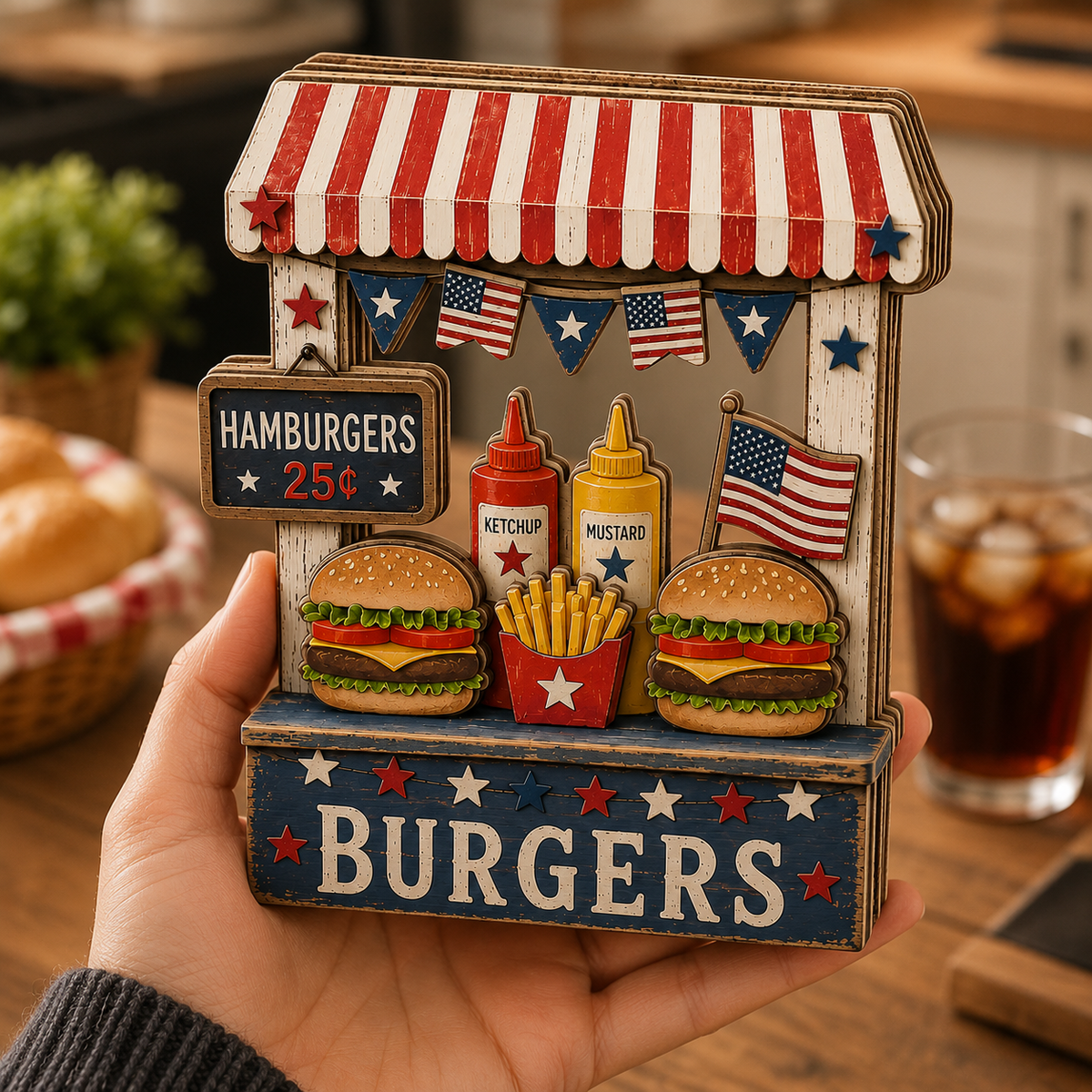 3D Wooden Hamburger Stand Sign, Gift for BBQ Lovers, Fourth of July Decor, Custom Name Kitchen Block, Patriotic Diner Tabletop Art