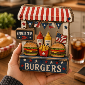3D Wooden Hamburger Stand Sign, Gift for BBQ Lovers, Fourth of July Decor, Custom Name Kitchen Block, Patriotic Diner Tabletop Art