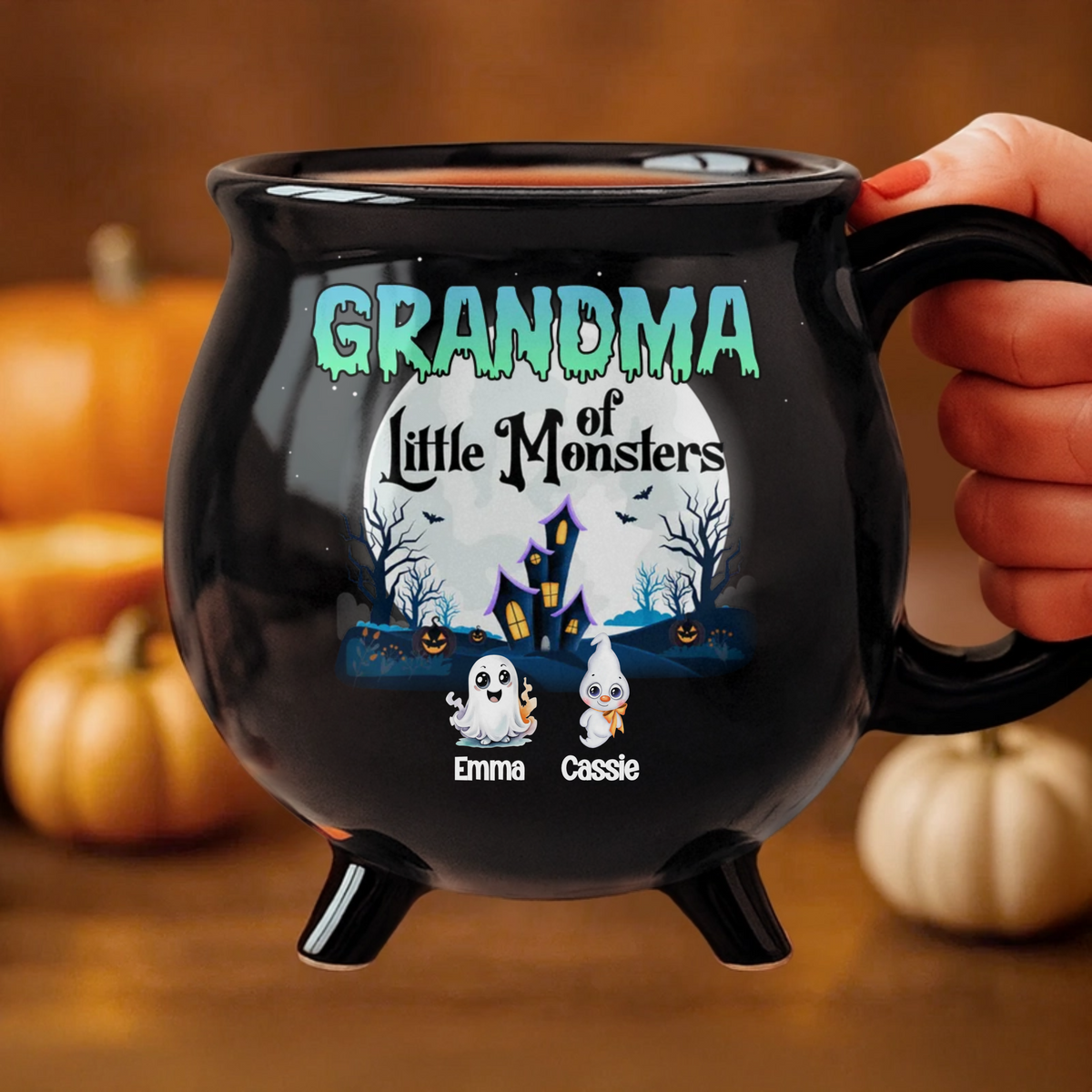 Grandma Of Little Monster - Personalized Halloween Black Ceramic Witch Mug - Halloween Gift For Grandma