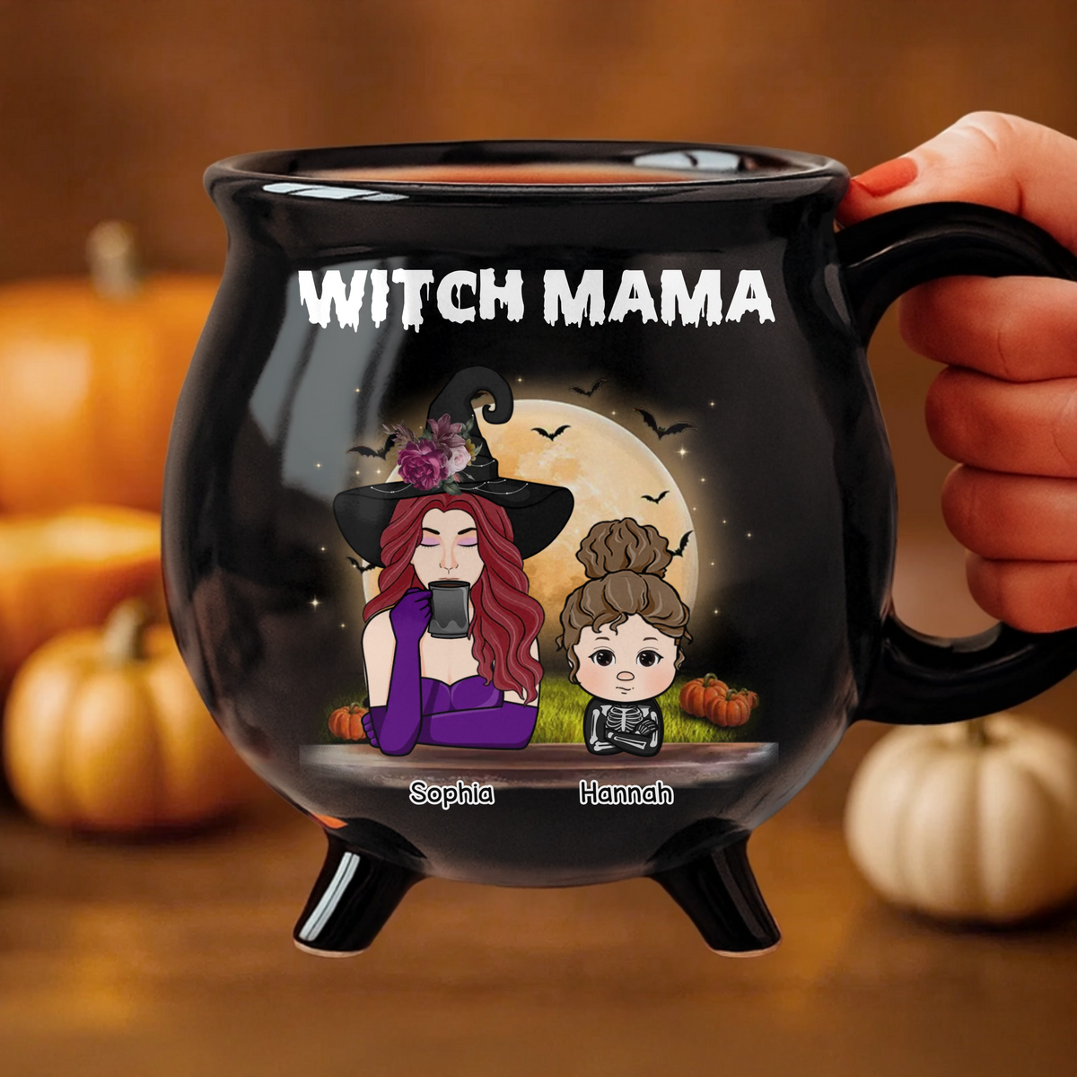 Grandma Mom Witch With Kids - Personalized Halloween Black Ceramic Witch Mug - Halloween Gift For Mom, Grandma