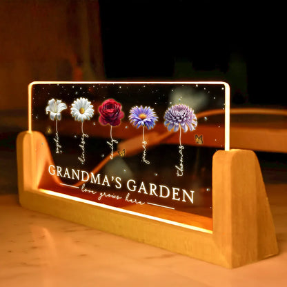 Mom Grandma's Garden Beautiful 3D Effect Birth Flowers - Personalized Acrylic Plaque LED Night Light - Gift For Grandma