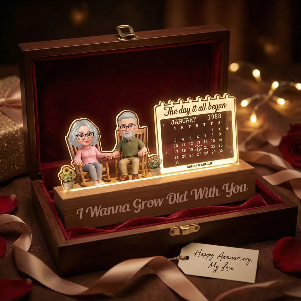 Old Couple Sitting On Rocking Chair Anniversary Date - Personalized 3D LED Light Wooden Base - Gift For Couple