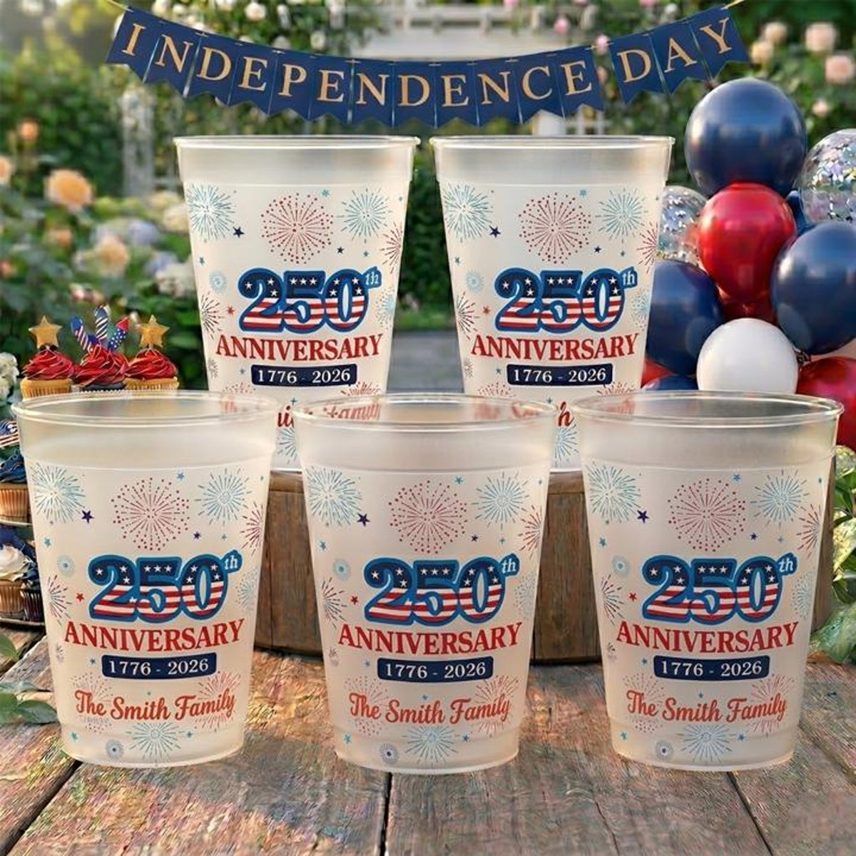 Personalized Family Name USA 250th Anniversary Fireworks Stadium Frosted Cup, Patriotic Party Decor, 4th of July Cup