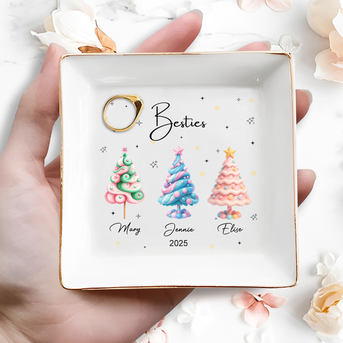 Besties With Colorful Christmas Trees, Personalized Ceramic Dish, Gift For Best Friends
