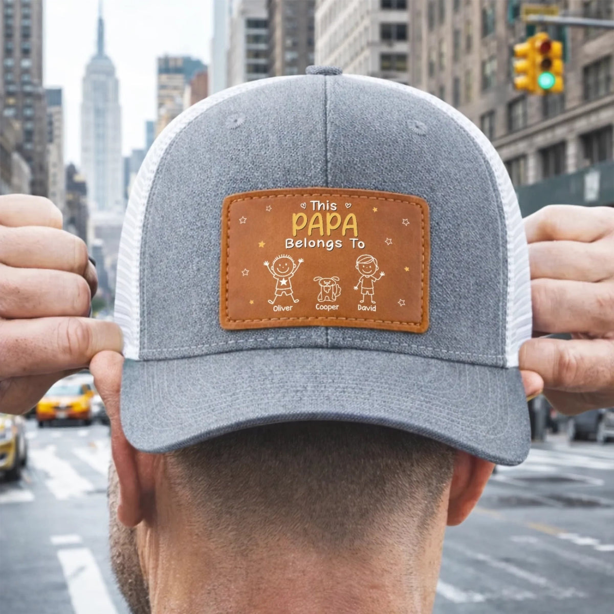 This Awesome Papa Belongs To Kids - Personalized Leather Label Net Hat - Gift For Father, Grandpa, Father's Day Gift