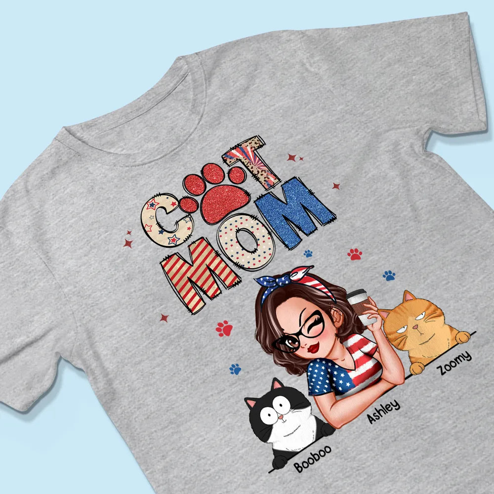 Cat Mom 4th Of July Pattern - Personalized Shirt - Gift For Cat Mom