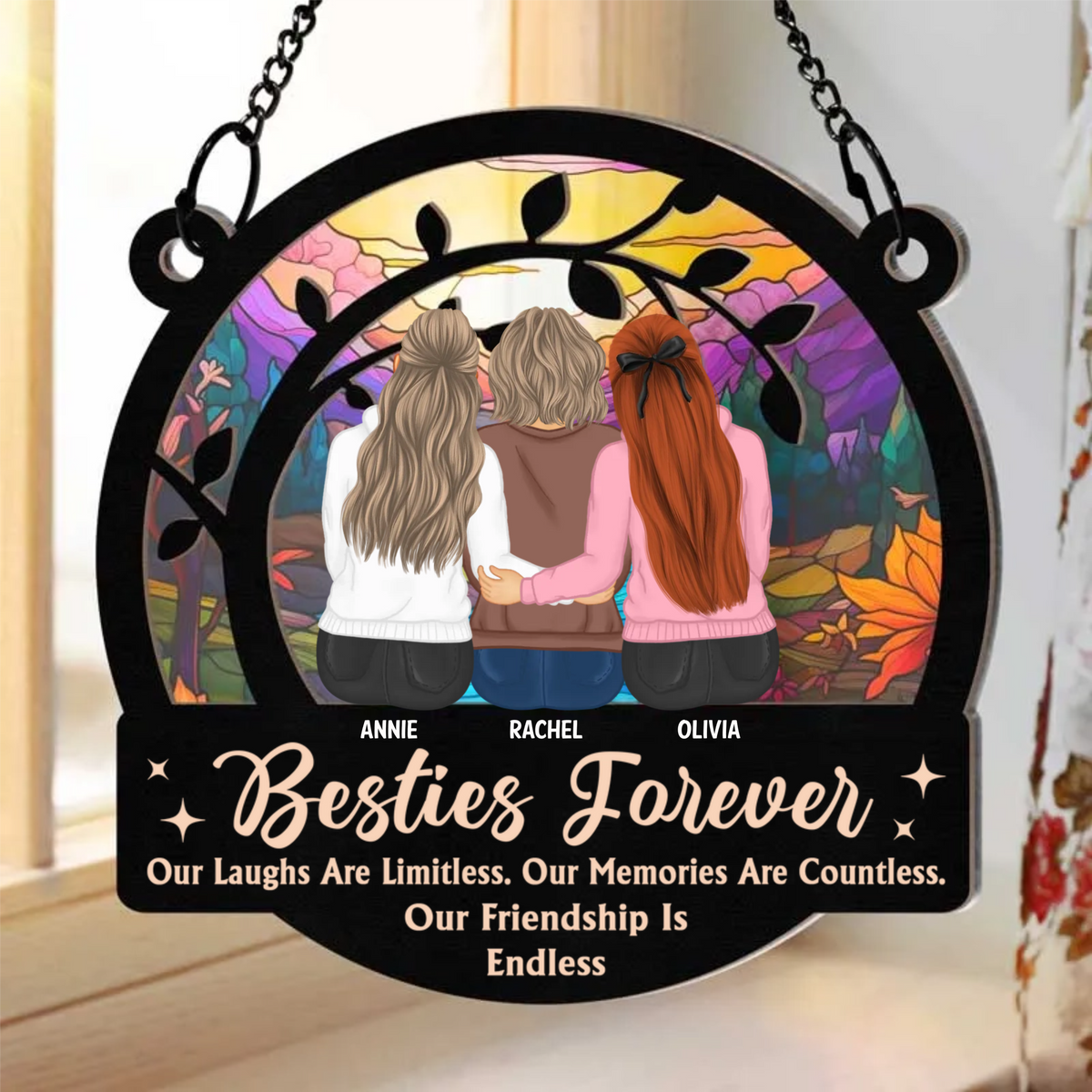Besties Limitless Laugh Countless Memories Endless Friendship - Personalized Suncatcher Ornament - Gift For Besties, Sisters, BFF, Window Hanging Decoration