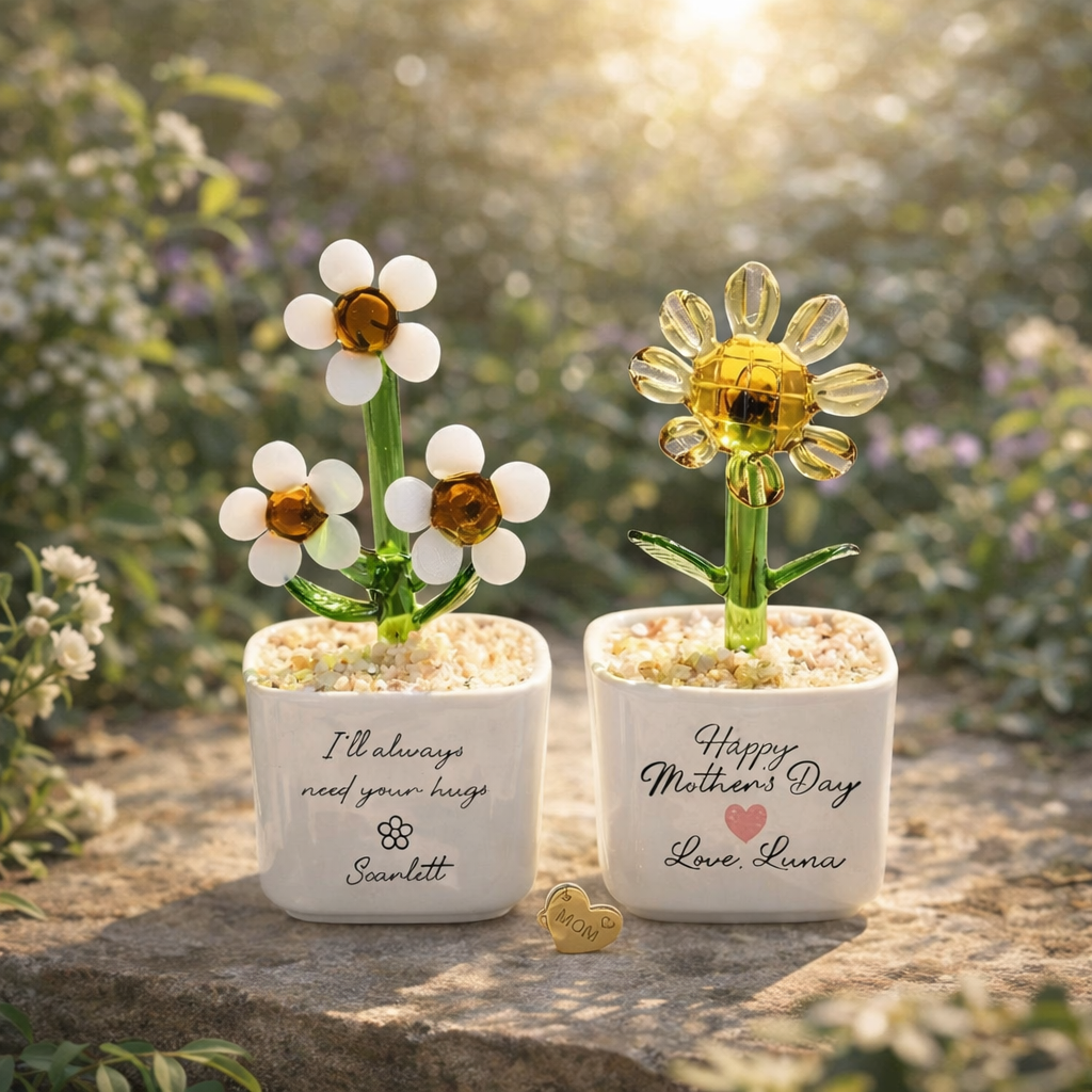 Custom Glass Flower Pot for Mom, Personalized Mother's Day Gift, Mini Tulip Lily Sunflower Decor, Forever Mom Keepsake