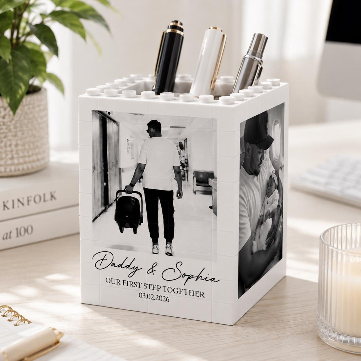 Custom Photo Father's Day Brick Pencil Pot, First Journey Together, Dad Gift from Baby, Gift for Husband, Gamer Dad Gift, Father Daughter