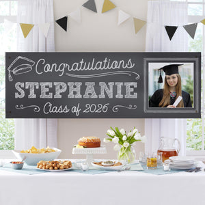 Personalized Chalkboard Graduation Banner with Photo, Custom Name Class of 2026 Congrats Grad Party Decoration