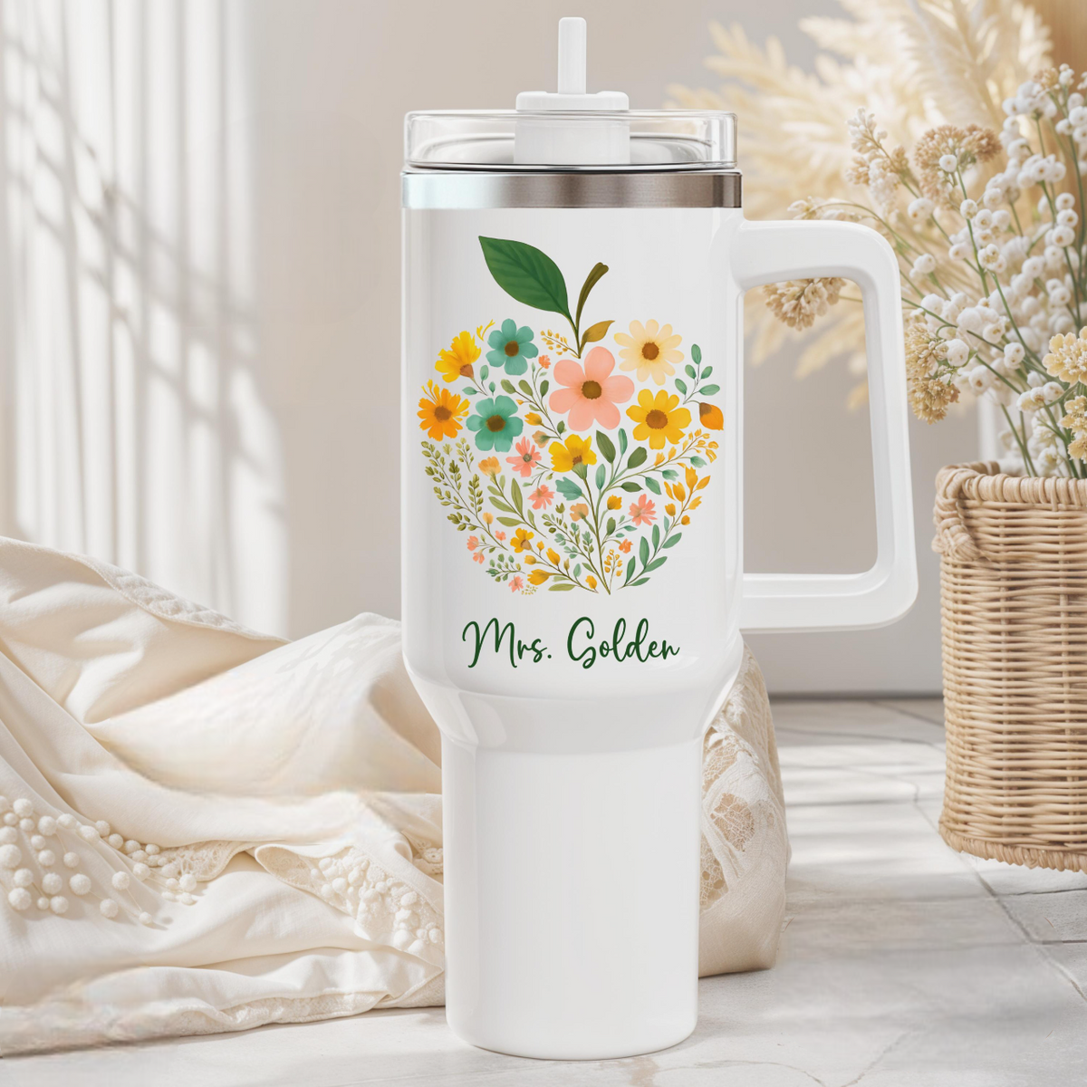 Apple Teacher Tumbler 40oz Personalized Floral Apple Tumbler, Teacher Appreciation Gift, Thank You Teacher Travel Tumbler