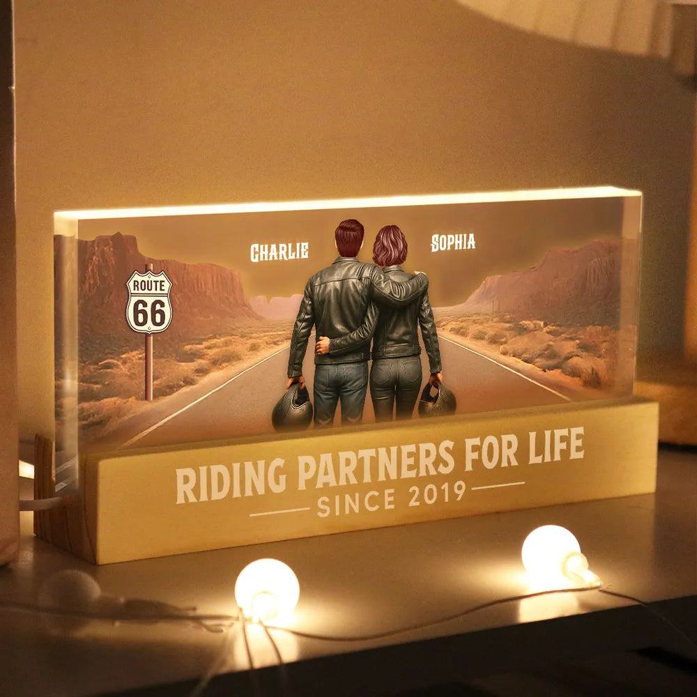 Back View Biker Couple Riding Partners For Life - Personalized 3D LED Night Light - Heartfelt Valentine's Day Gift, Anniversary Gift For Biker Couple