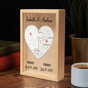 Custom Locations Heart Puzzle Map - Personalized Frame Light Box - Anniversary Gift, Valentine's Day Gift For Couple