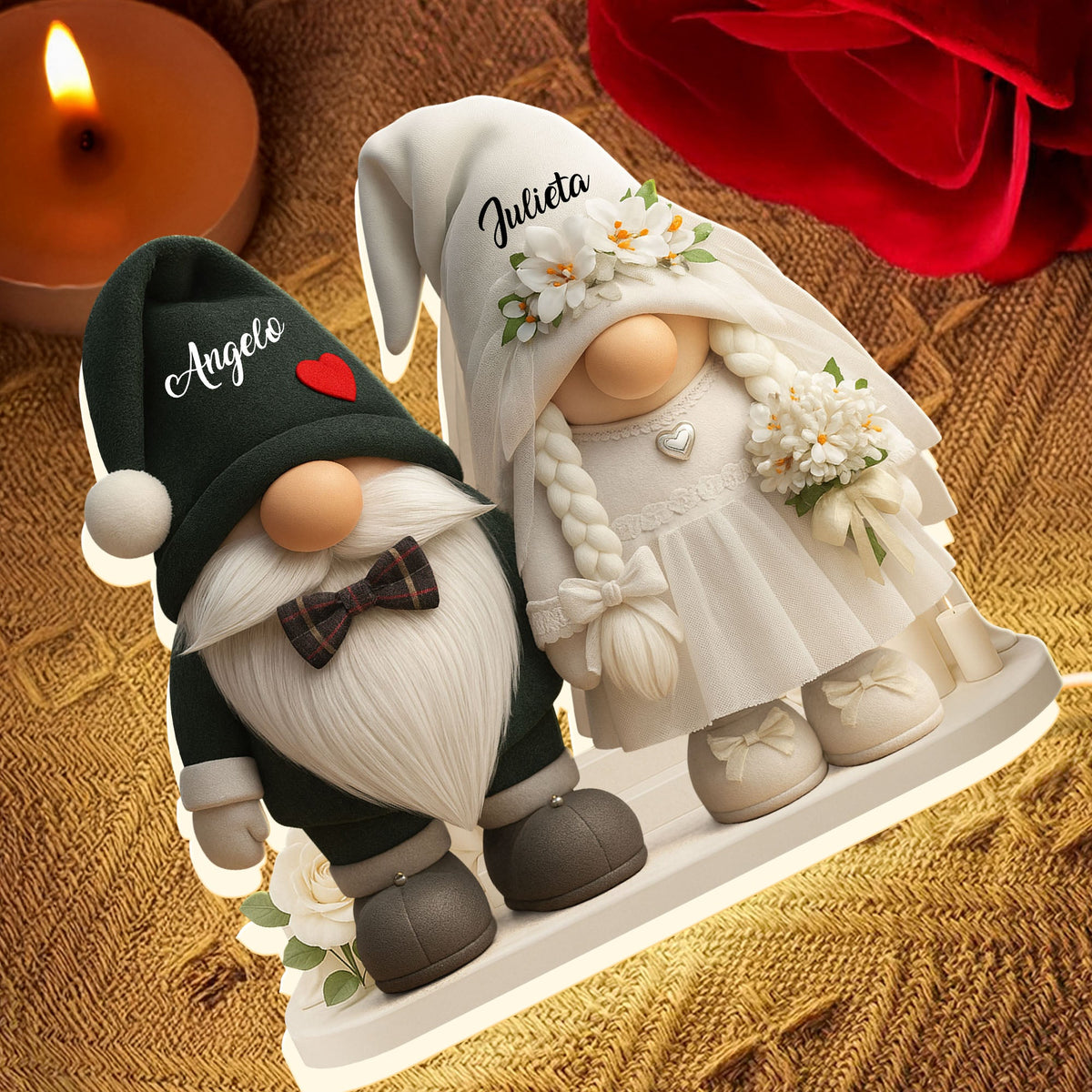 Groom And Bride Gnome With Hearts And Flowers - Personalized Acrylic LED Light Box - Valentine's Day Gift For Couples