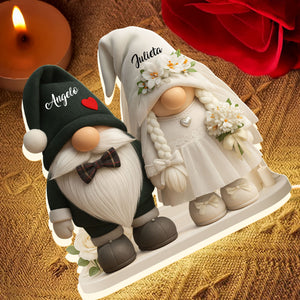 Groom And Bride Gnome With Hearts And Flowers - Personalized Acrylic LED Light Box - Valentine's Day Gift For Couples