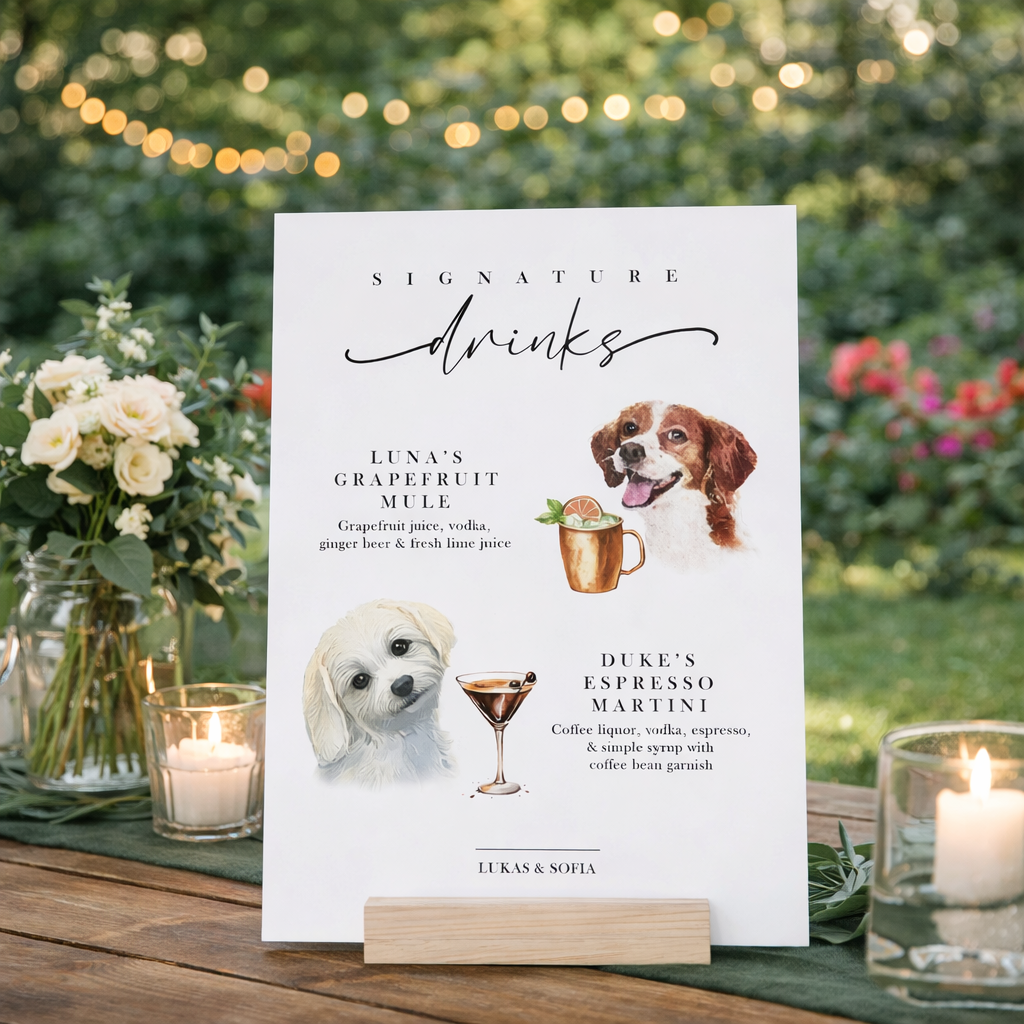 Custom Watercolor Pet Wedding Cocktail Sign Plaque, Custom Pet Photo, Personalized Dog Cat Signature Drinks Menu Sign, Wedding Drinks Acrylic Plaque