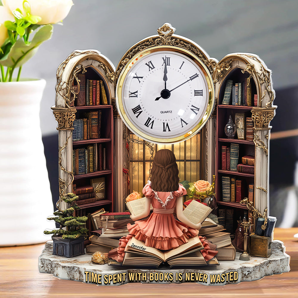 Girl Holding Books - Personalized Acrylic Desk Clock - Gifts for Book Lovers