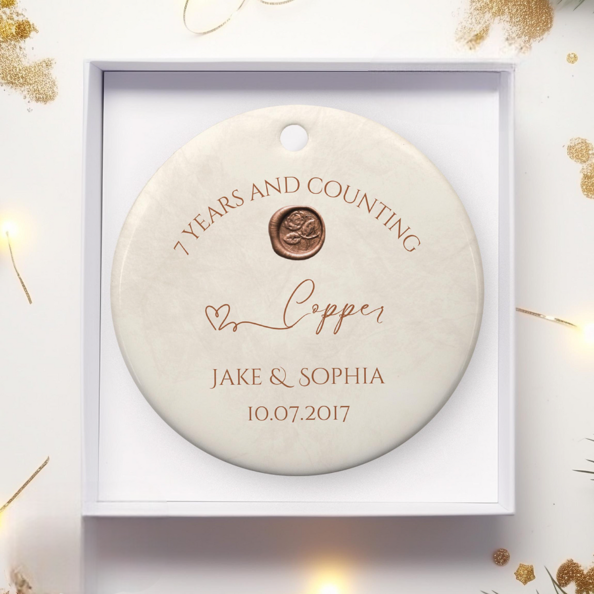 Personalize 7th Anniversary Ornament, Copper Wedding Anniversary Gift, Seventh Year Anniversary Ceramic 7 Years Married Keepsake