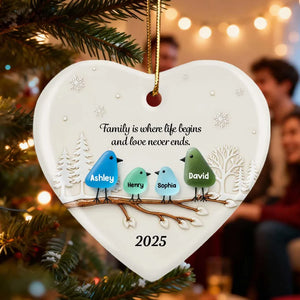 Family Birds Sea Glass Pattern - Personalized Ceramic Ornament With Acrylic - Heartwarming Festive Christmas Gift, Decor