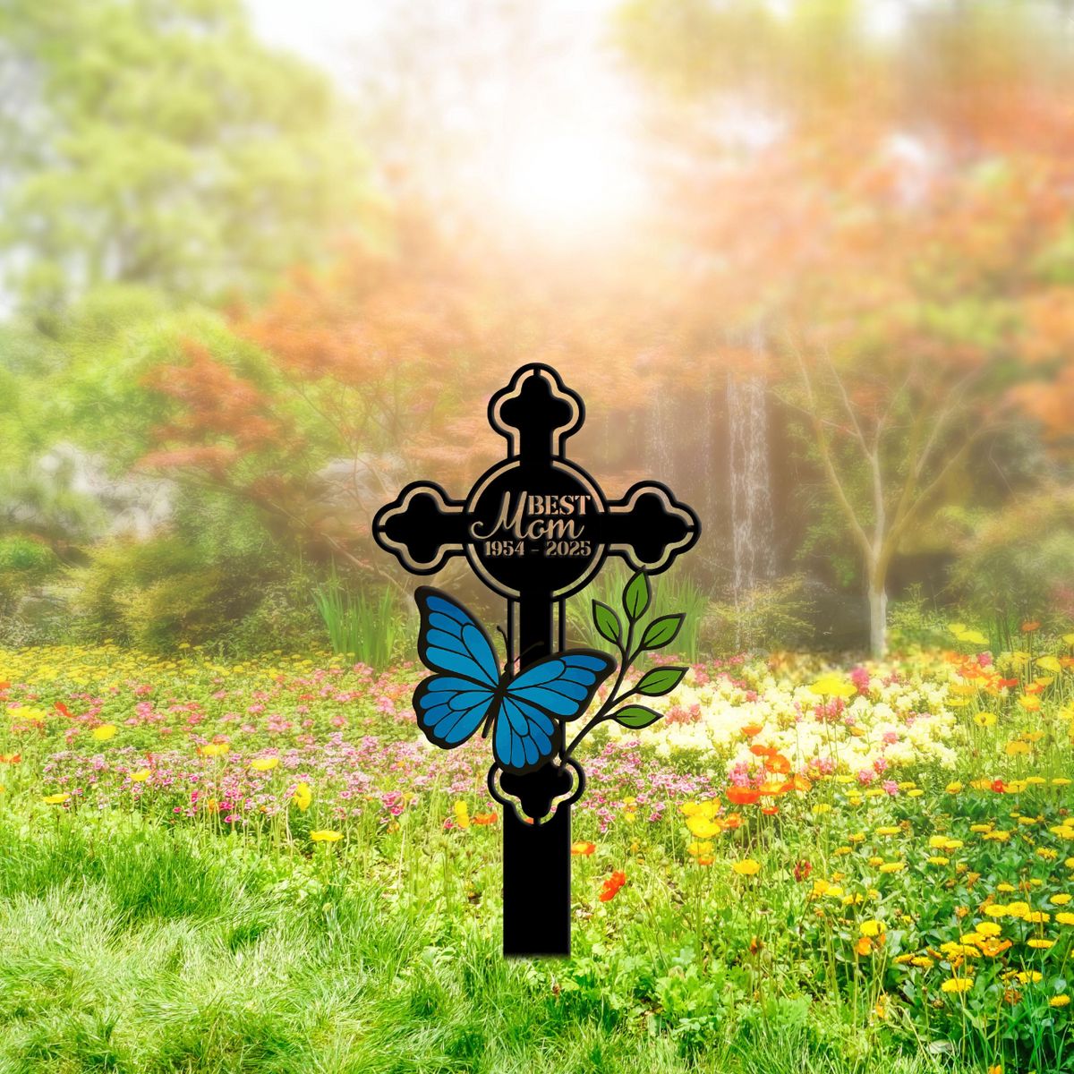 Personalized Mom Memorial Cross Stake, Metal Grave Marker, In Loving Memory Garden Sign, Loss of Mother Plaque with Stake