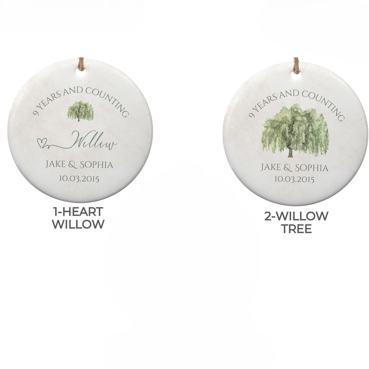 Personalized 9th Anniversary Ornament, Willow Wedding Anniversary Gift, Ninth Year Anniversary Ceramic Ornament, 9 Years Married Keepsake Gift
