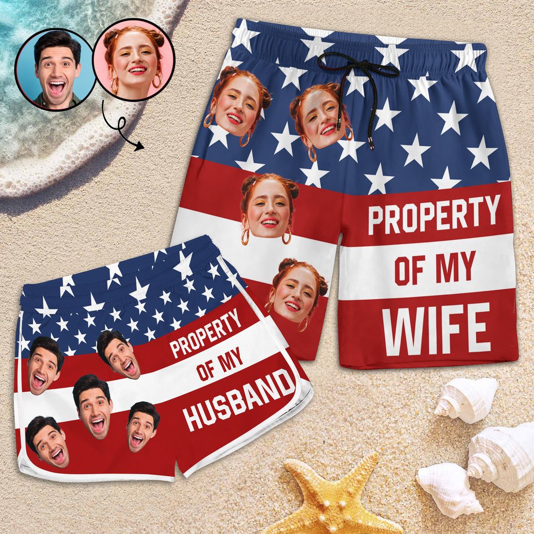 Property Of My Wife 4th Of July - Personalized Custom Couple Beach Shorts - Gift For Couple