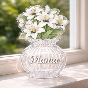Custom White Lily Acrylic Block, Personalized Mother's Day Gift for Mom & Grandma with Kids' Names