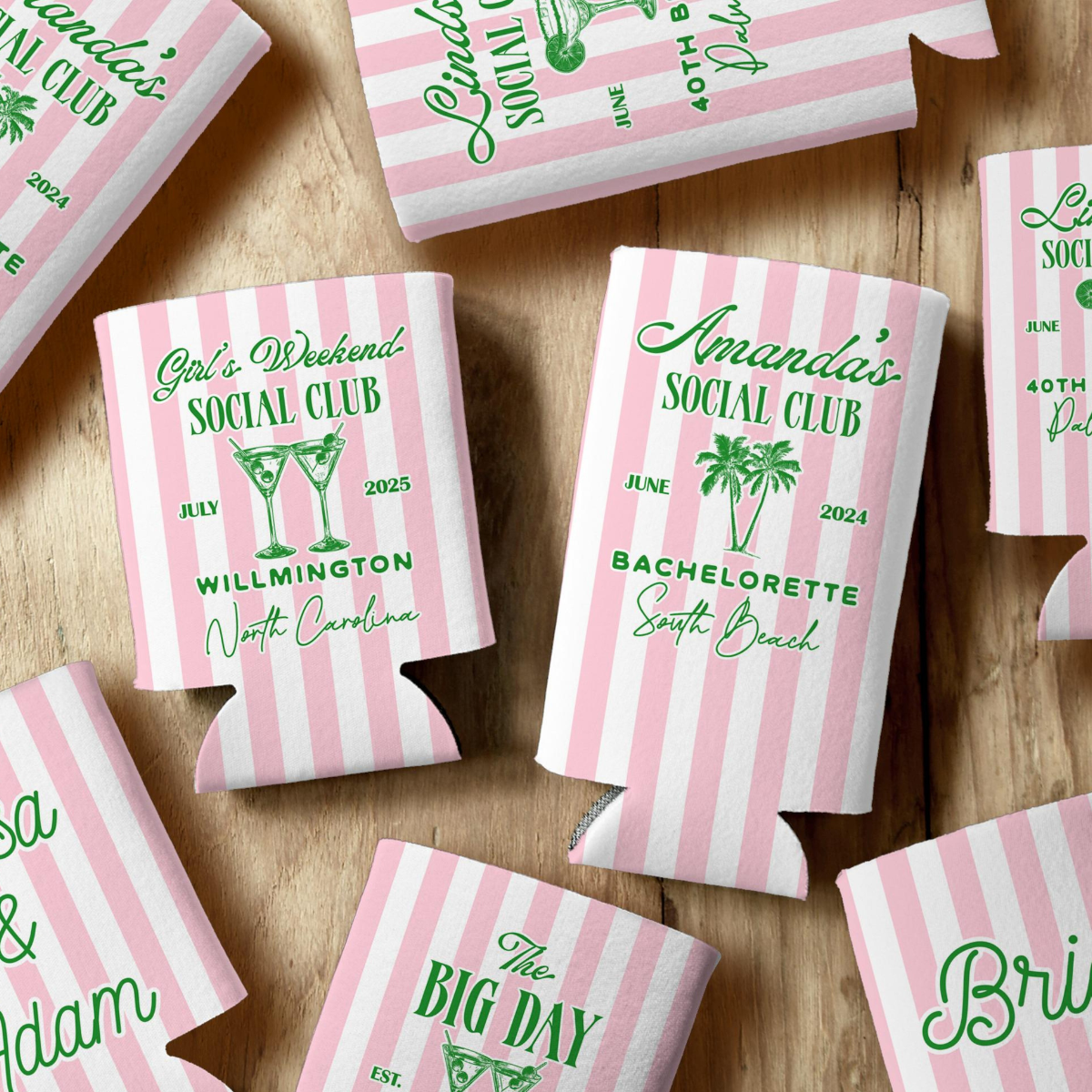 Social Club Party Favor Can Coolers Customizable with Striped Design, Event Icons, and Personal Details