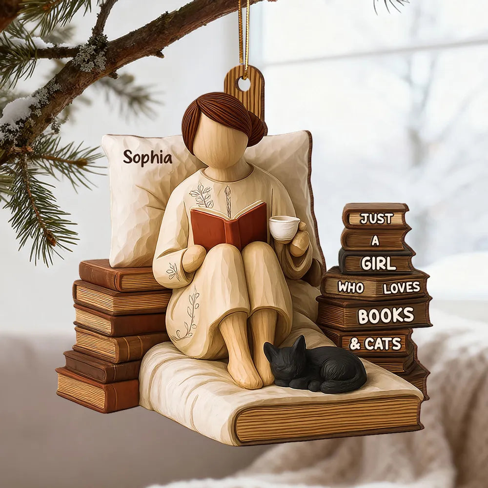 Just A Girl Who Loves Books & Black Cat 3D Effect - Personalized Wooden Ornament - Christmas Gift For Book Lover, Bookworm