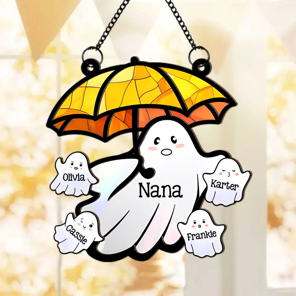 Grandma Ghost With Umbrella - Personalized Suncatcher Ornament - Halloween Gift For Grandma, Nana