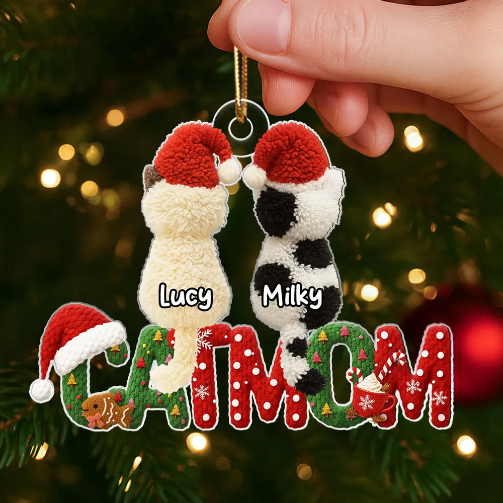 3D Effext Faux Crochet Cat Mom - Personalized Acrylic Ornament - Christmas Gift for Cat Lovers