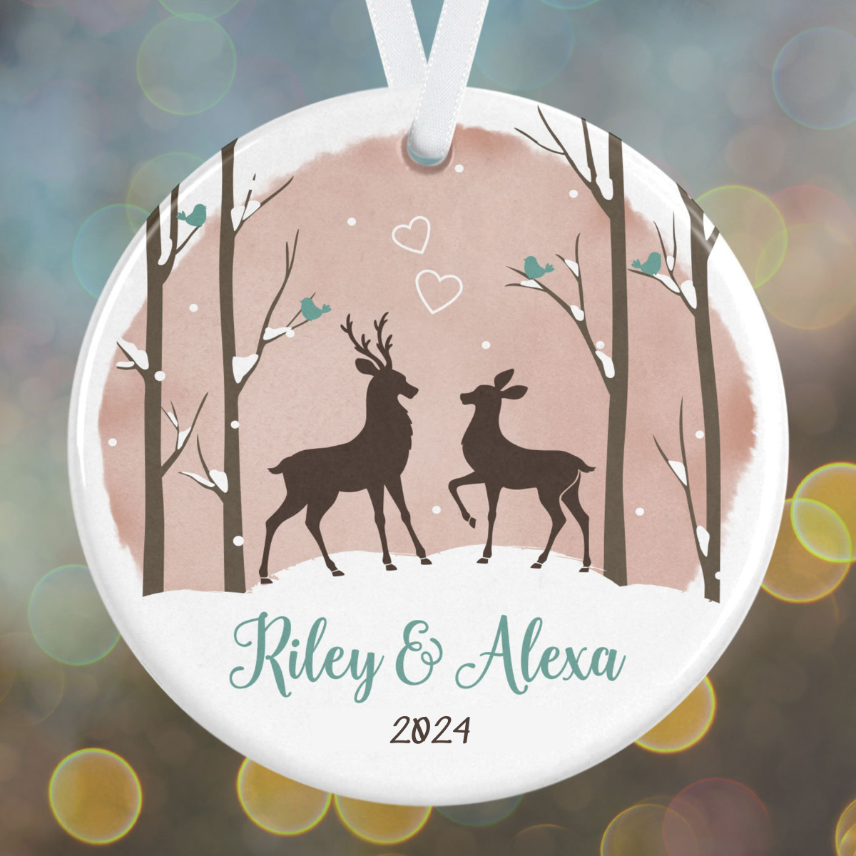 Deer Couple Christmas - Personalized Newlywed Holiday Ornament - Anniversary Ornament