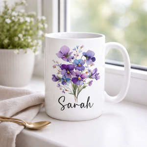 Custom Birth Flower Coffee Mug, Personalized Birthflower Cup with Name, Wildflower Birthday Mugs