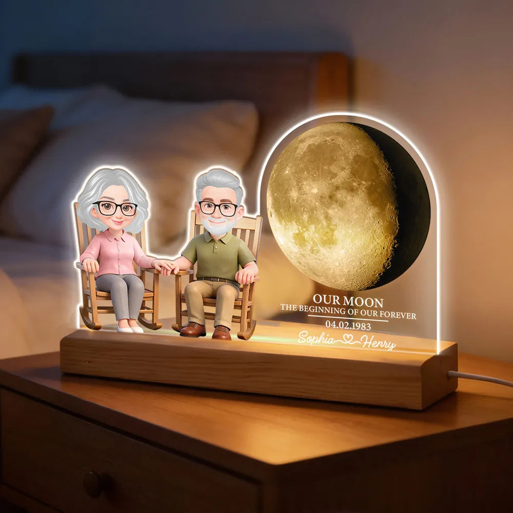 Old Couple Sitting On Rocking Chair Custom Moon Phase - Personalized 3D LED Light - Valentine's Day, Anniversary Gift For Couple