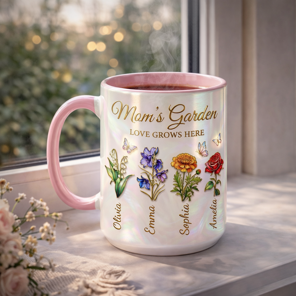 Personalized Mom Flowers Faux Stained Glass Mug, Birth Flower Mom Gifts from Daughter, Grandmas Garden, Faux 3D Effect