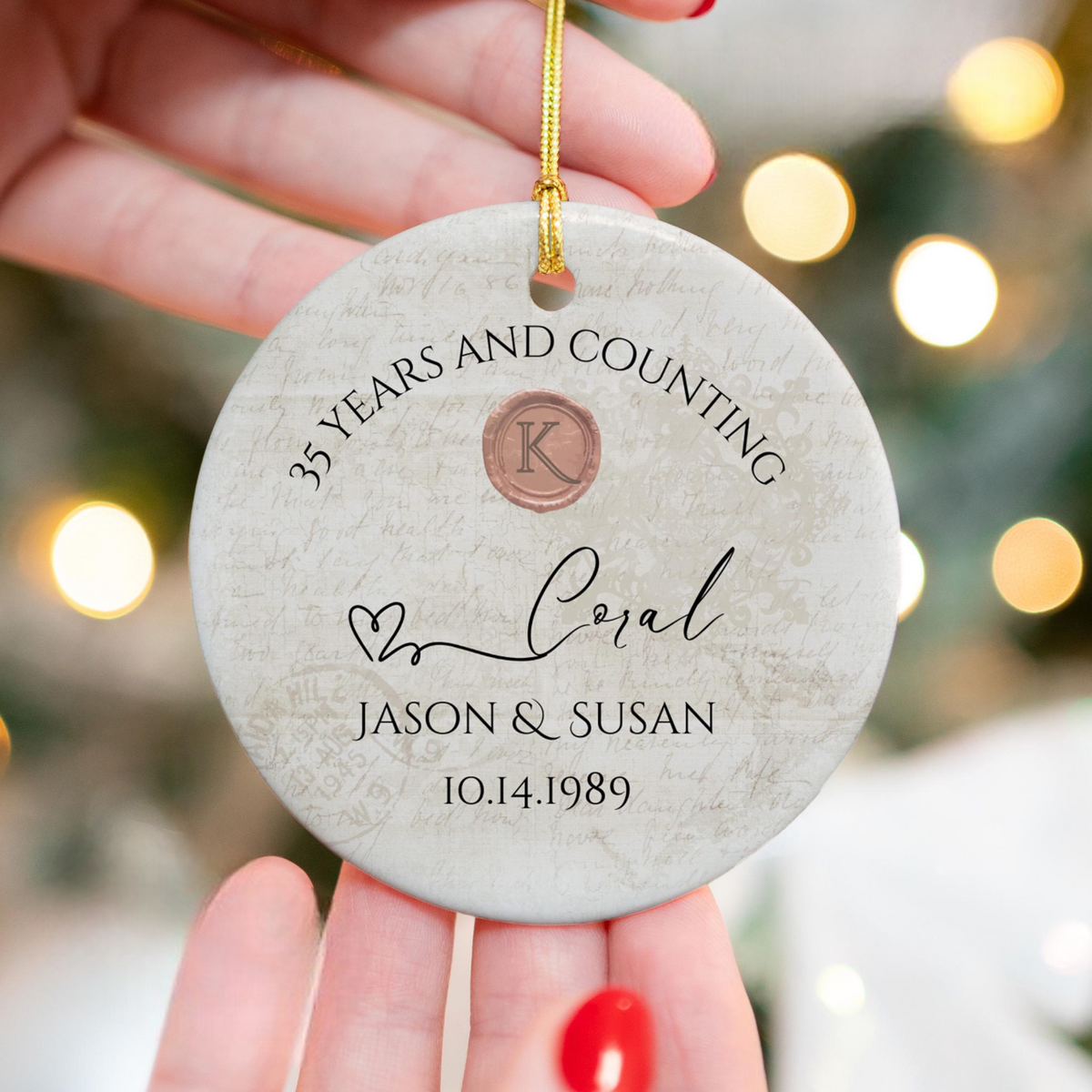 Personalized 35th Anniversary Ornament, Coral Wedding Anniversary Gift, 35 Year Anniversary Ceramic Ornament, 35 Years Married Gift For Couple