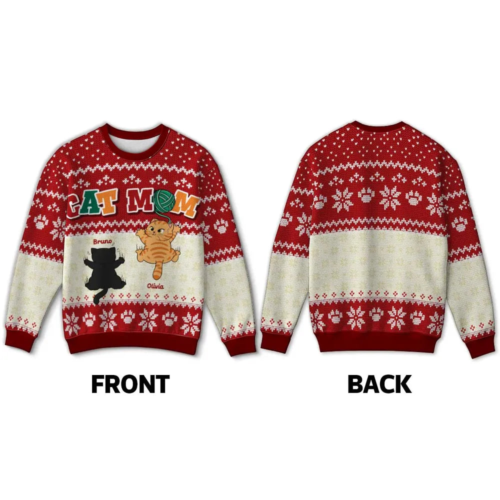 Funny Cat Climbing - Personalized Ugly Sweater - Christmas Gift For Cat Mom, Cat Dad
