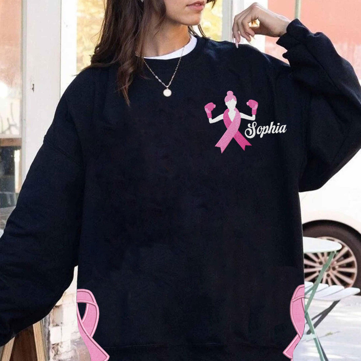 Custom Name Breast Cancer Side Bow Cut-Out Sweatshirt, Pink Ribbon Pullover, Breast Cancer Embroidered Sweatshirt, Gift for Her, Mom, Nana
