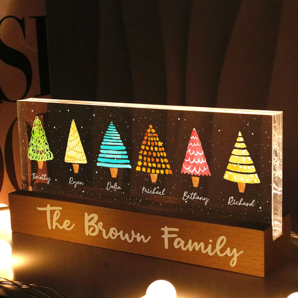 Colorful Christmas Tree Family Personalized Acrylic Block LED Night Light, Christmas Gift For Family