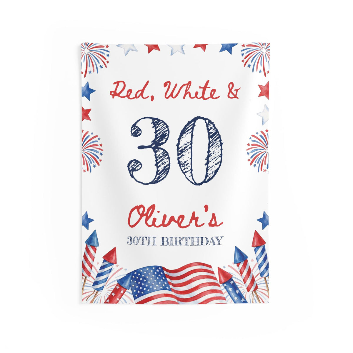Red White and 30th, 40th, 50th Birthday Backdrop, Patriotic 4th of July Party Banner