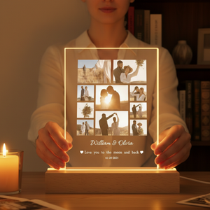 Custom Photo LED Light, Photo Collage Lamp, Personalized Acrylic LED Light Wooden Base, Valentines Gift for Couple