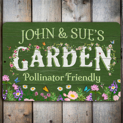 Personalized Flower Garden Sign, Weathered Wood Design, Metal Garden Decor