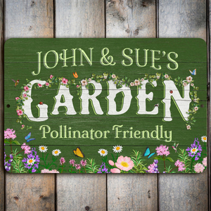 Personalized Flower Garden Sign, Weathered Wood Design, Metal Garden Decor