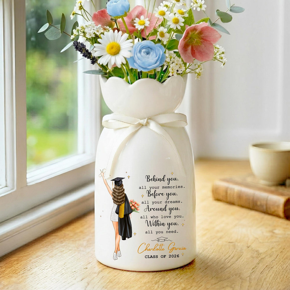 Personalized Graduation Flower Ceramic Vase, Graduation Gifts for Her, College Grad Gift for Daughter, Masters Degree Gift