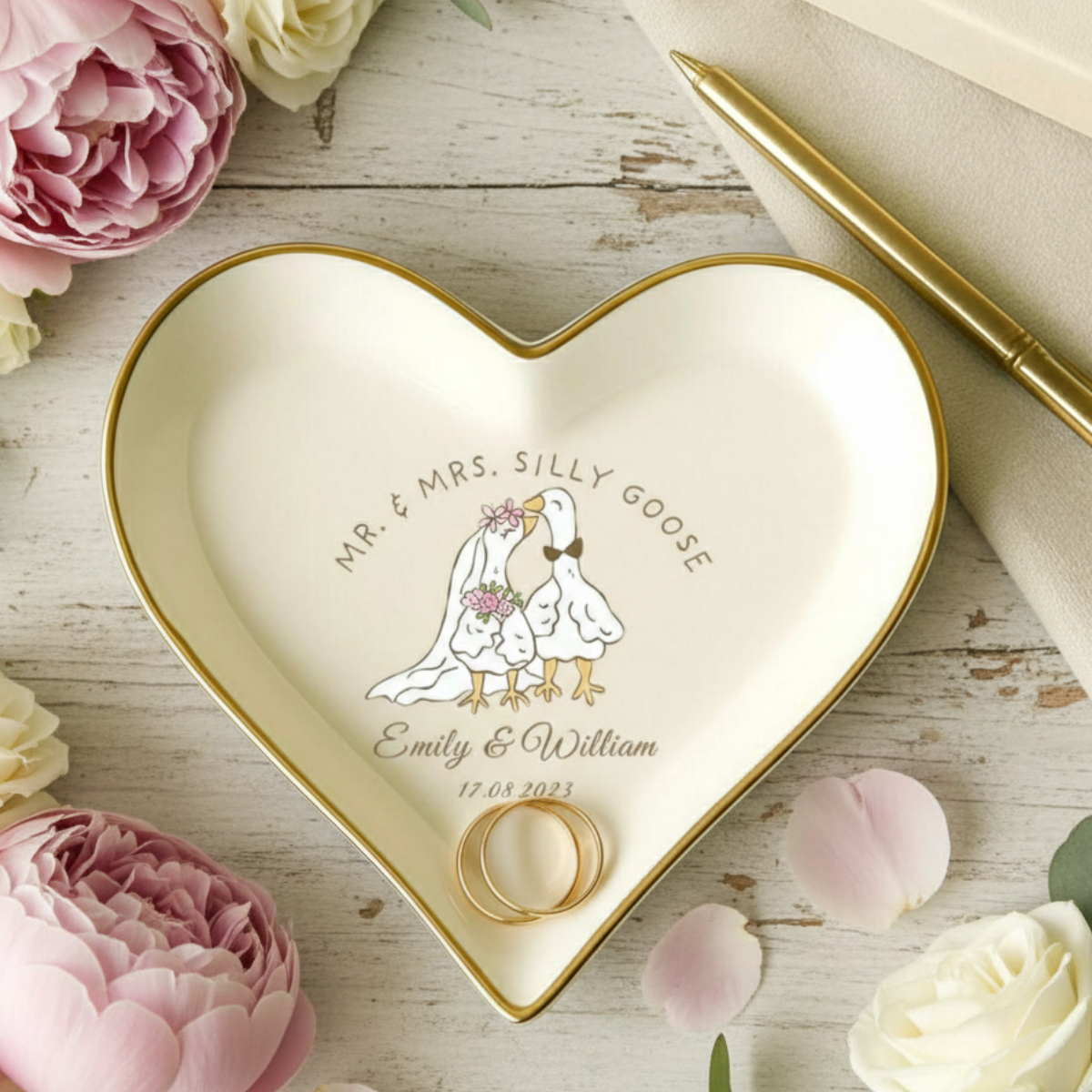 Mr. & Mrs. Silly Goose Ring Dish, Personalized Wedding Ring Holder, Custom Name Jewelry Tray, Trinket Bowl, Couple Engagement Gift