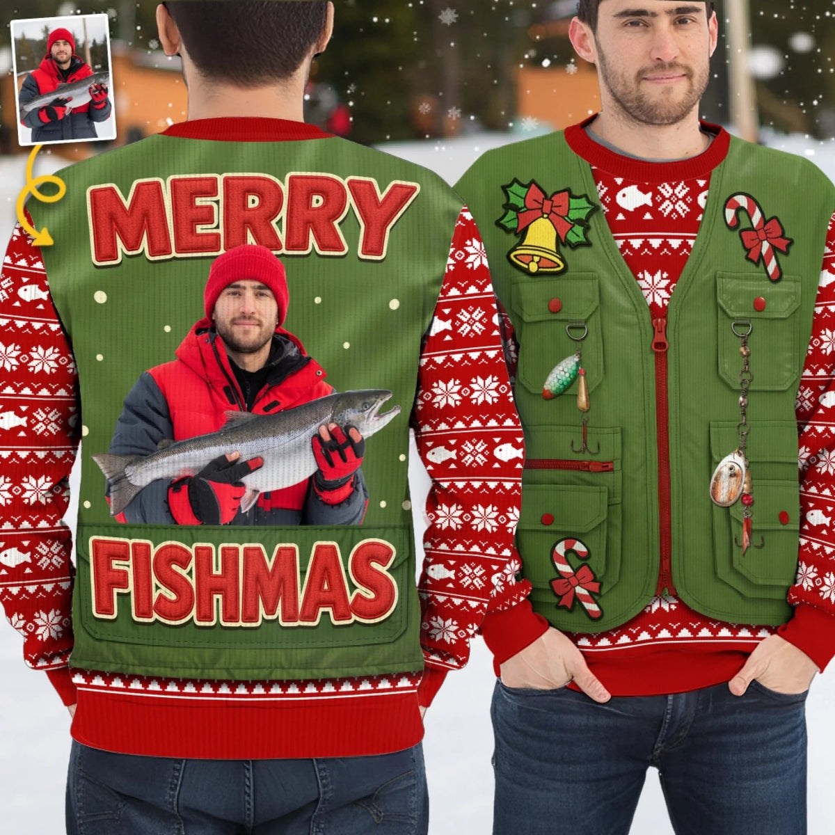 Merry Fishmas Custom Photo - Personalized Ugly Sweatshirt - Christmas Gift For Fishing Lovers