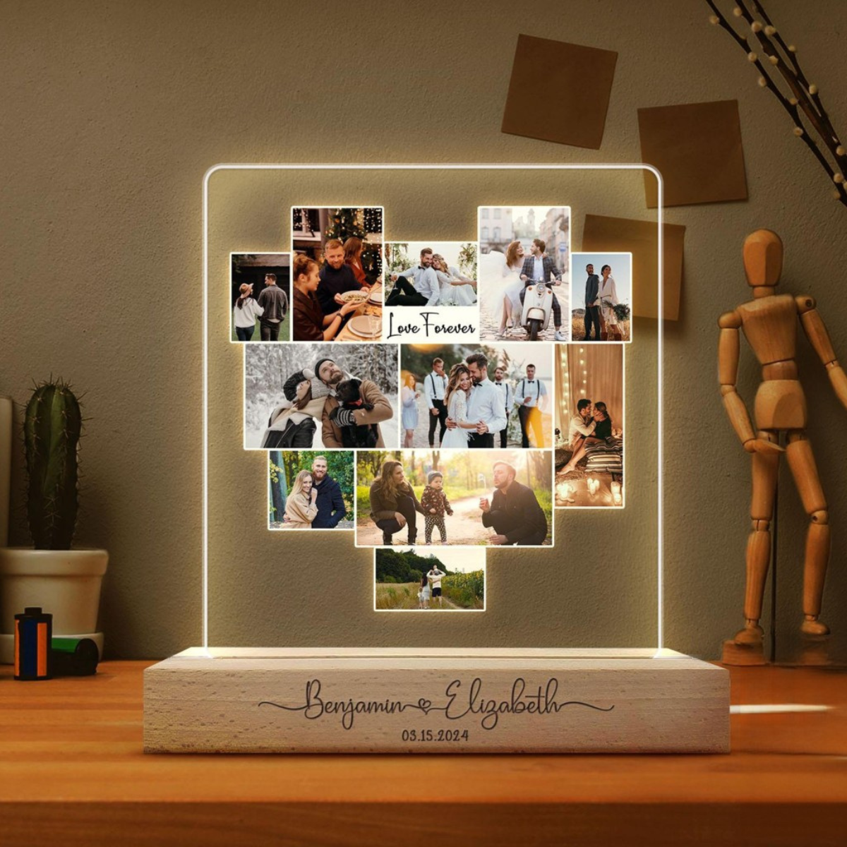 Couple Photo Collage, Personalized LED Light Wooden Base, Valentine Day Gifts For Him Her, Gift for Couples, Anniversary Gift