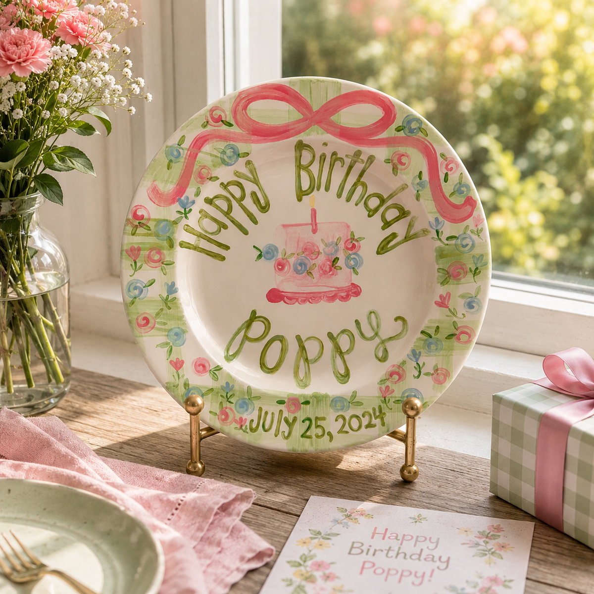 Personalized Birthday Plate For Girls, Wildflowers and Green Gingham Pattern, Gift For Birthday Girls